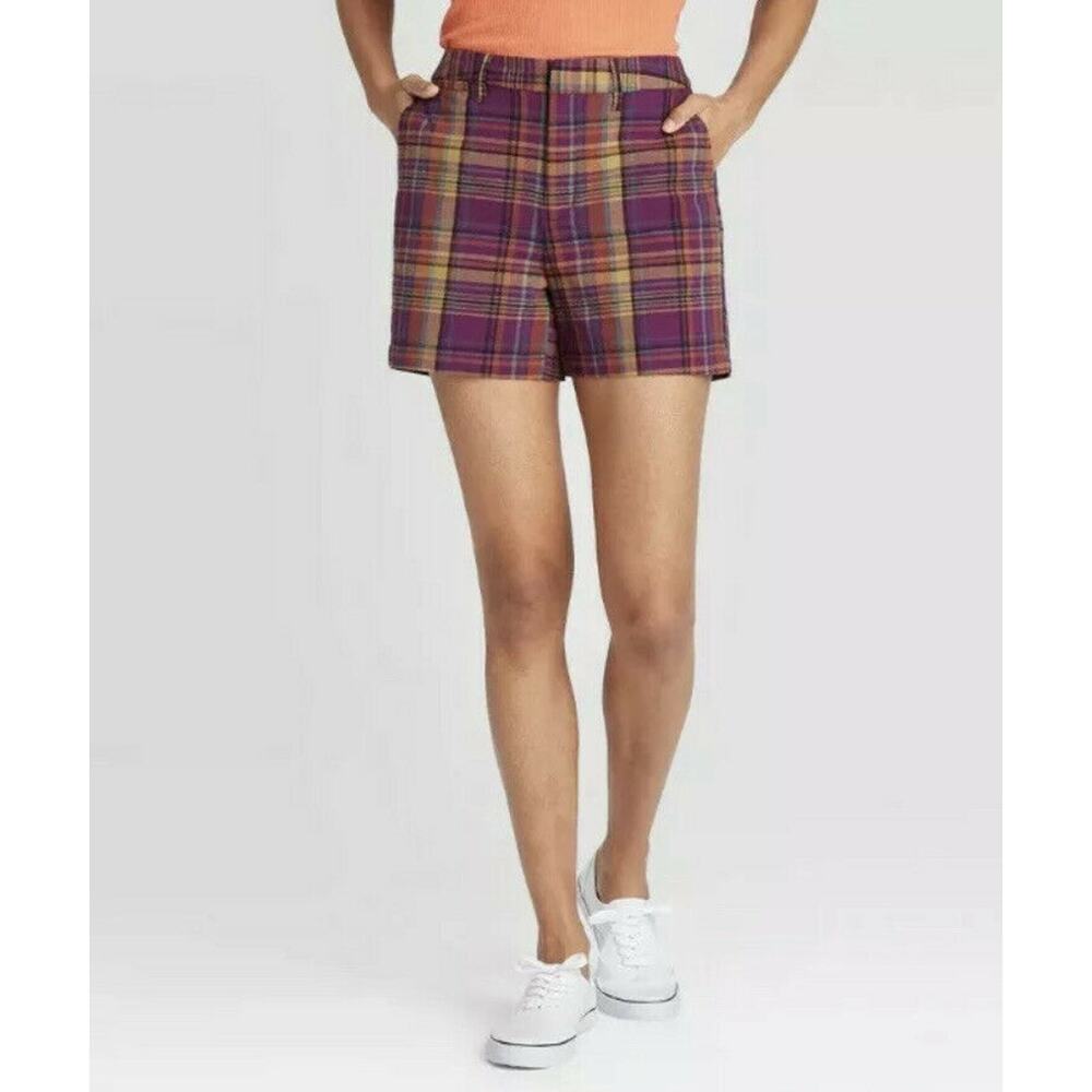 New A New Day Womans Sz 4 Chino Shorts Purple Plaid Stretch Pockets NWT